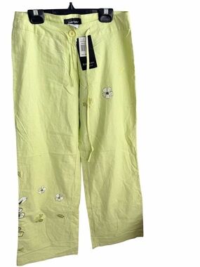 Vintage Y2K BEBE Linen Lime Green Floral Embroidered Pants Size 26”W BRAND NEW